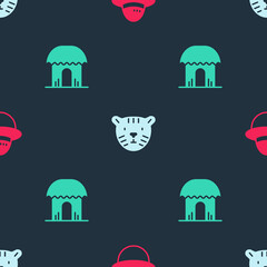 Poster - Set Camping hat, Tiger head and African hut on seamless pattern. Vector