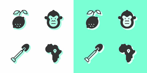 Sticker - Set Map of Africa, Lemon, Shovel and Monkey icon. Vector