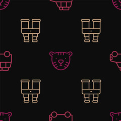 Poster - Set line Car, Binoculars and Tiger head on seamless pattern. Vector