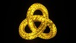 Golden triquetra. Mystical celtic 3d render of triad and thor symbol. Magical ancient sign of the movement of the sun with yellow scales. The trefoil is the embodiment of protection and fire.