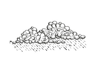 Vector cloud with rain, illustration in engraved style. Hand drawn gloomy cloud, pencil sketch. 