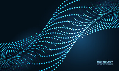 Poster - Abstract vector digital technology particle wave in dark blue background. Hi tech particles dna science concept. Futuristic technology artificial intelligence background. Vector illustration