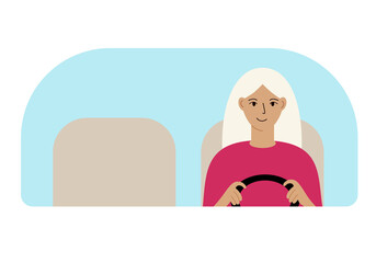 Illustration of a woman driver driving. Looks through the windshield