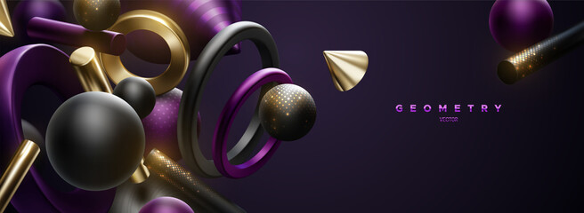 Poster - Black, golden and purple geometric shapes cluster. Abstract elegant composition.