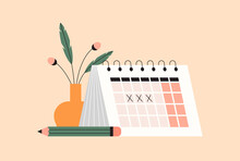 White Paper Monthly Calendar And Pencil On The Desk. Planning, Scheduling, Time Management Concept. Organizing Work Tasks, Daily Events, Business Meetings. Isolated Flat Vector Illustration