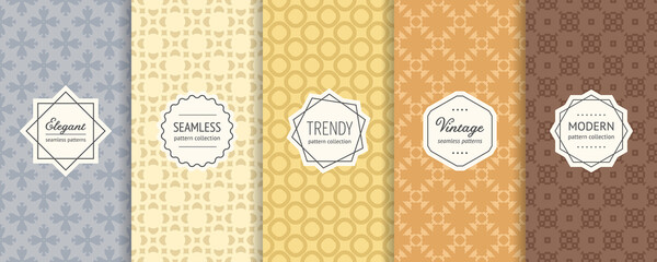 Vector set of geometric floral seamless patterns. Simple abstract ornamental textures with elegant minimal labels. Vintage backgrounds collection in trendy pastel colors. Boho ornaments. Retro design