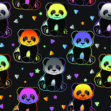 Pandas Seamless Pattern. Bright Colorful Rainbow Panda Illustration For Textile Print