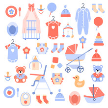 Newborn Baby Accessories Icons Set On White Background. Stylish Kids Objects For Baby Shower Card Banner Flyer Design. Cute Infant Supplies. Color Crib Diaper Clothes Duck Stroller Vector Illustration
