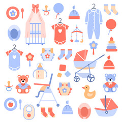 Newborn baby accessories icons set on white background. Stylish kids objects for baby shower card banner flyer design. Cute infant supplies. Color crib diaper clothes duck stroller vector illustration