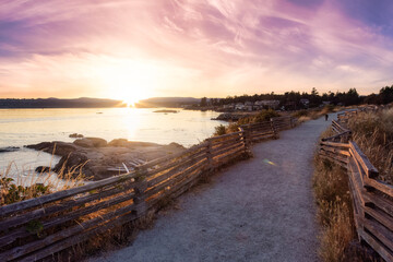  Scenic Path Trail in a Park by the Coastline on the West Pacific Ocean Coast. Summer Sunset Sky Art Render. MacAulay Point Park in Victoria, Vancouver Island, British Columbia, Canada.