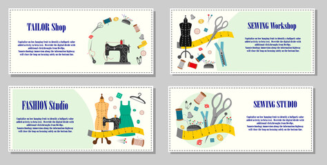 A set of flyers for a sewing workshop. Scenes with tailor tools - a mannequin, a sewing machine, threads and needles and other elements. Vector illustration. For tailor shops, sewing shops, tailors