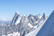 A panoramic view of European Alps on a sunny day. Mount Blanc as a highest mountain in Europe covered with snow and glacier