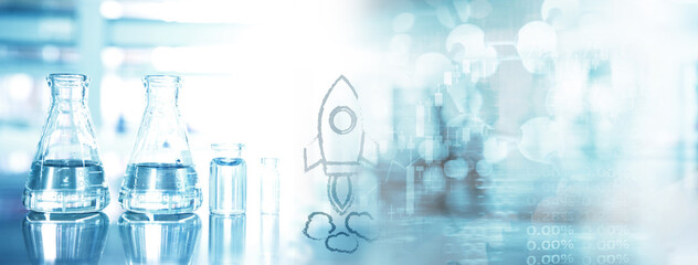 Wall Mural - glass flask in innovation chemistry science research lab white blue banner background