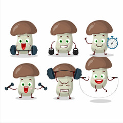 Sticker - A healthy cep mushroom cartoon style trying some tools on Fitness center