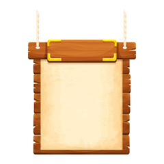 Wall Mural - Wood frame, banner with gold details, old parchment and rope in cartoon style isolated on white background. Ancient signboard. Ui game asset
