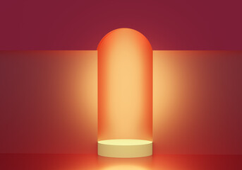 Poster - Background for product presentation. Artistic podium stand for products. Product demonstration podium. Round pedestal on red background. Podium mockup for advertising something. 3d image.