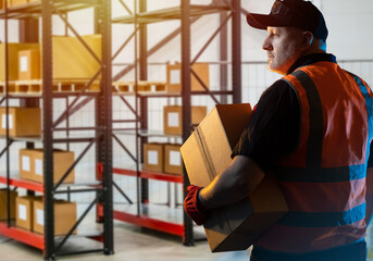 Poster - Warehouse worker. Adult man works in a warehouse. Warehouse worker with his back to camera. Gray-haired man with a box. Shelves with cardboard boxes next to him. Man in orange vest.