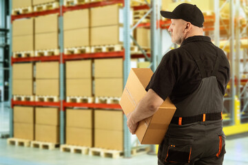 Poster - Business logistics concept. Warehouse worker in gray uniform. Man with a box at distribution center. Warehouse racks in background. Warehouse worker career. Work in distribution business.