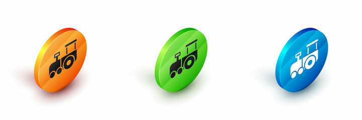 Wall Mural - Isometric Toy train icon isolated on white background. Circle button. Vector