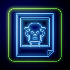 Sticker - Glowing neon Photo icon isolated on blue background. Vector