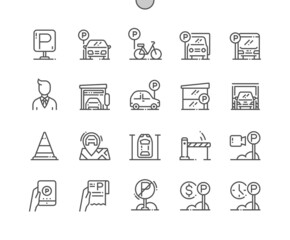 Poster - Parking. Barrier, cone, car, garage, transportation, drive, vehicle, urban. Underground parking. Pixel Perfect Vector Thin Line Icons. Simple Minimal Pictogram