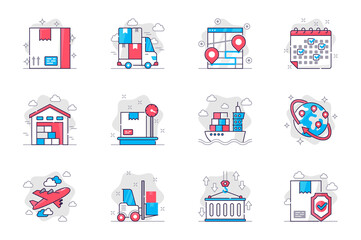Poster - Shipping concept flat line icons set. Delivery service and logistics. Bundle of parcel, truck, tracking, warehouse, cargo, export and other. Vector conceptual pack outline symbols for mobile app