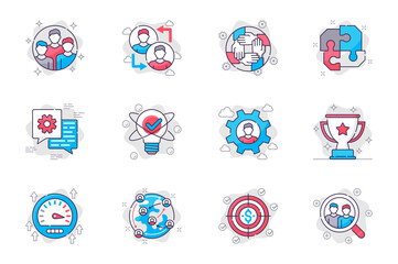 Poster - Teamwork concept flat line icons set. Leadership and collaboration in business. Bundle of colleague, brainstorming, discussion, trophy and other. Vector conceptual pack outline symbols for mobile app