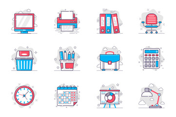 Aufkleber - Office supplies concept flat line icons set. Management and workplace organization. Bundle of computer, folder, chair, briefcase, calendar, other. Vector conceptual pack outline symbols for mobile app