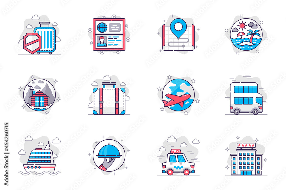 Travel vacation concept flat line icons set. World tourism and ...