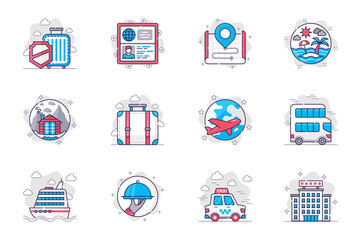 Poster - Travel vacation concept flat line icons set. World tourism and recreation. Bundle of luggage, ticket, route, sea, resort, mountain, hiking, other. Vector conceptual pack outline symbols for mobile app