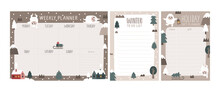 Set Of Vector Weekly Planner, Gift Planner And Todo List With Yeti Characters, Bigfoot, Stones, Snow, Christmas Tree, A Warming Candle, Lantern In Scandinavian Boho Style