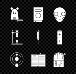 Sticker - Set Rat, Book, Extraterrestrial alien face, Solar system, Open science book, Astronomical observatory, Glass test tube flask fire heater and Syringe icon. Vector