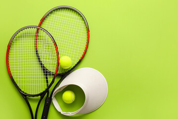 Poster - Visor, tennis rackets and balls on color background