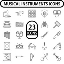 Black Line Art Set Of Musical Instruments Icon In Flat Style.