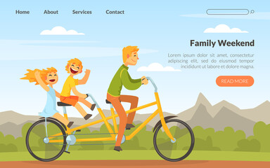 Poster - Happy Man with Little Kid Riding Bicycle Enjoying Vacation or Weekend Activity Vector Web Page Template