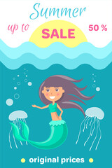 Wall Mural - Summer sale with mermaid at sea. Advertising banner with underwater life of sea creature. Nixie on background of ocean with waves and sand with starfish. Seasonal closeout poster, discounts, hot price