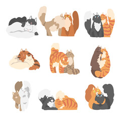 Canvas Print - Couple of Fluffy Cats in Love Fawning and Cuddling Vector Set