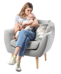 Sticker - Young mother with little baby and bottle of water on white background