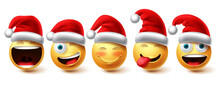 Christmas Emoji Vector Set. Smiley Xmas Characters Wearing Santa Red Hat Icon Collection Isolated In White Background For Graphic Design Elements. Vector Illustration.