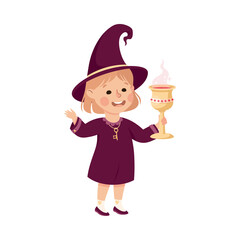 Poster - Happy Girl Witch in Purple Dress and Pointed Hat Holding Goblet with Potion Practising Witchcraft and Doing Magic Vector Illustration