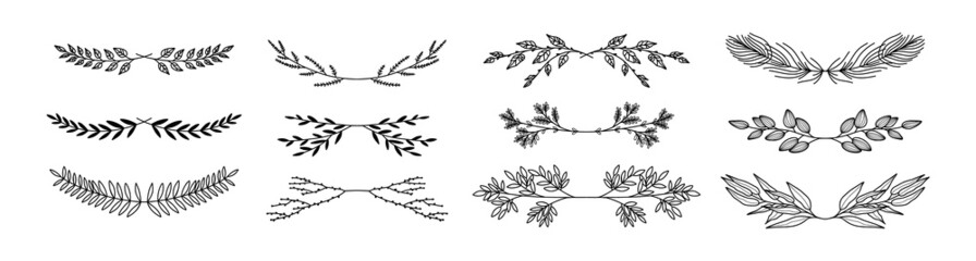 Wall Mural - Floral dividers collection, hand drawn border lines with branches and leaves. Vector vintage decorative elements for books, greeting cards, invitations, web