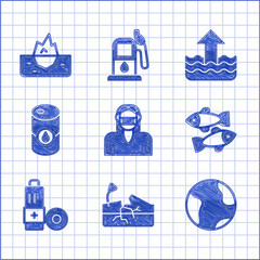 Sticker - Set Face in protective mask, Earthquake, globe, Dead fish, Battery, Barrel oil, Rise water level and Iceberg icon. Vector