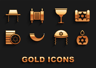 Poster - Set Traditional ram horn, shofar, Torah scroll, Burning candle, Jewish kippah, coin, goblet, Orthodox jewish hat and icon. Vector