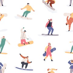 Canvas Print - Seamless pattern with happy snowboarders on white background. Endless texture with different people riding snowboards in winter. Repeating design with human on boards. Colored flat vector illustration