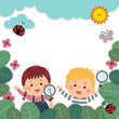 Template for advertising brochure with cartoon of girl and boy holding magnifying glasses in nature. Children observing nature in paper cut style.