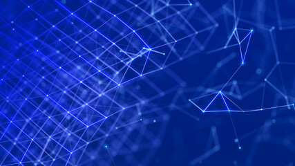 Poster - 3D cube of lines and dots. Wireframe polygonal element on dark background. Science and technology. 3d rendering