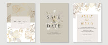 Autumn Wedding Invitation Card Vector.  Luxury Background Design  With Golden Texture, Flower And Botanical Leaves Watercolor Hand Drawing. Abstract Art Cover Design For Wedding And VIP Invite Card.