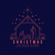 Christmas ,the Savior Is Born Banner With Soft Pink Abstract Shape Line Nativity Scene Mary Wiht Jesus And Joseph On Dark Background Vector Design