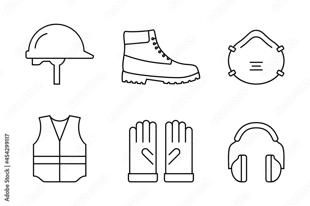 Protective Tools Drawing Work safety concept. Safety equipment line icon set. PPE, personal ...