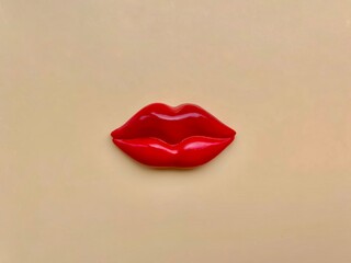 female red lips isolated on light skin color background. plastic lips. flat lay, top view, copy spac